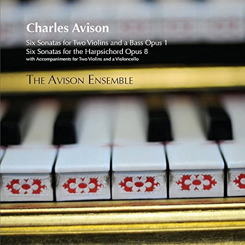 "CD cover featuring piano keys with red designs and Charles Avison text."