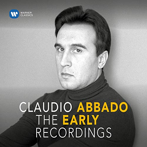 Black and white portrait of Claudio Abbado on a CD cover with text overlay.