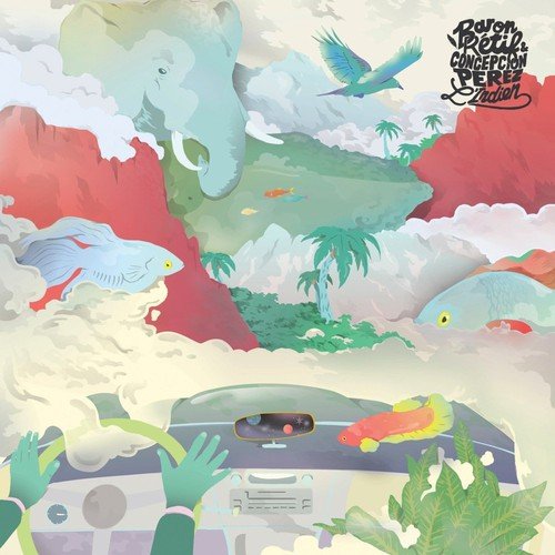 "Album cover art featuring a surreal scene with fish, elephant, and tropical landscape."