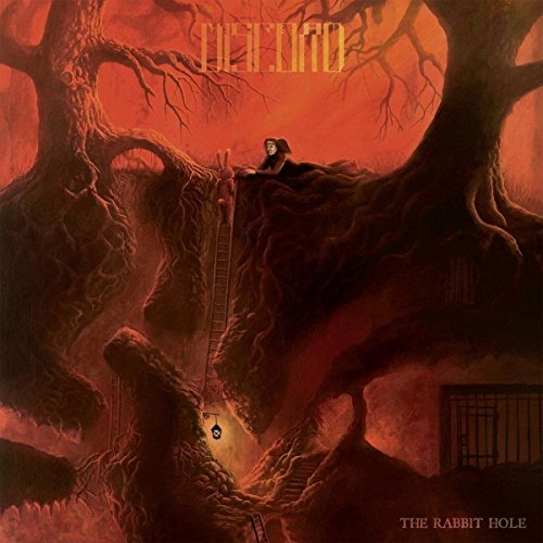 "Album cover art: dark, twisted tree with ladder and person, red-orange background."
