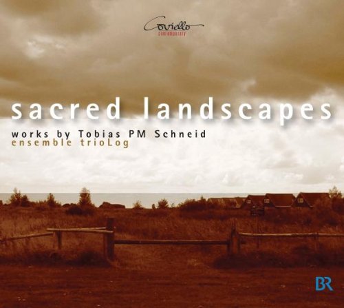 "CD cover with a rural landscape and cloudy sky, titled 'sacred landscapes'."