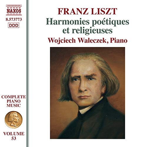 White CD cover with portrait of Franz Liszt and text describing the music album.