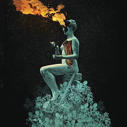 A nude woman sits on foliage, holding a figurine, with flames emanating from her head.