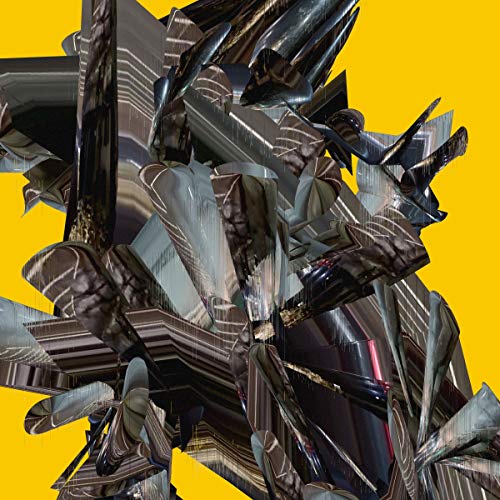 A close-up of a silver, metallic, abstract sculpture on a bright yellow background.