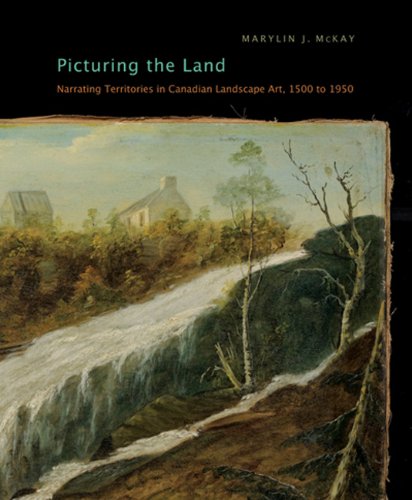 Book cover with a landscape painting and title "Picturing the Land" on a black background.