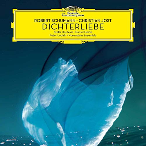 "CD cover with yellow label and flowing blue fabric against a dark background."