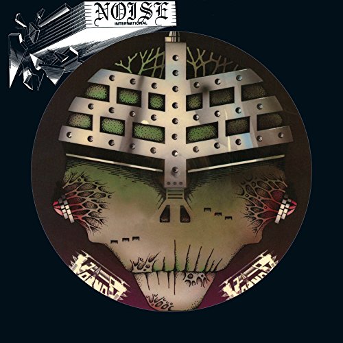 Vinyl record cover with a skull and metal grid artwork on a black background.