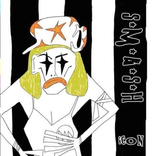 The image is a cartoon drawing of a person with a CD album cover. The alt text for this image could be: "Black and white CD cover with cartoon character and 'S*m*a*s*h' text."