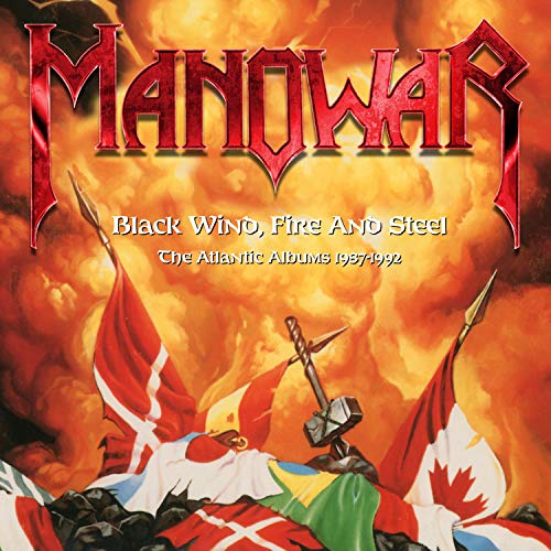 "Album cover with 'Manowar' in red, surrounded by flags and swords amidst fiery clouds."