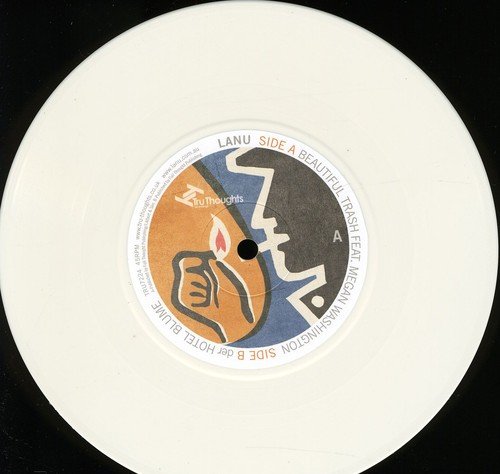 White vinyl record with a colorful label featuring abstract hand and face illustrations.