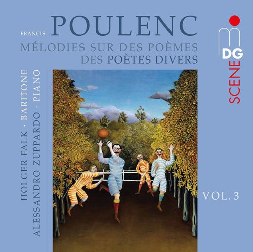 "CD cover with blue background, painting of people playing in a garden."