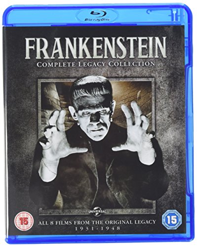 Blue Blu-ray case with black cover featuring Frankenstein's monster and title "Frankenstein: Complete Legacy Collection".