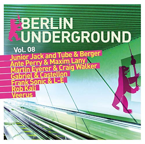 "CD cover with pink bear on escalator, green background, and artist names listed."