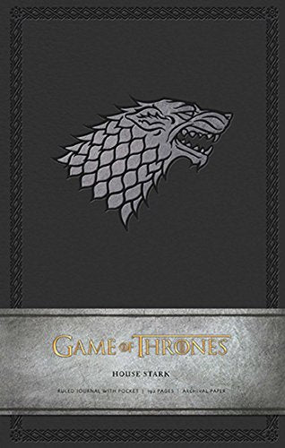 "Game of Thrones journal cover featuring a grey direwolf head and 'House Stark' text."