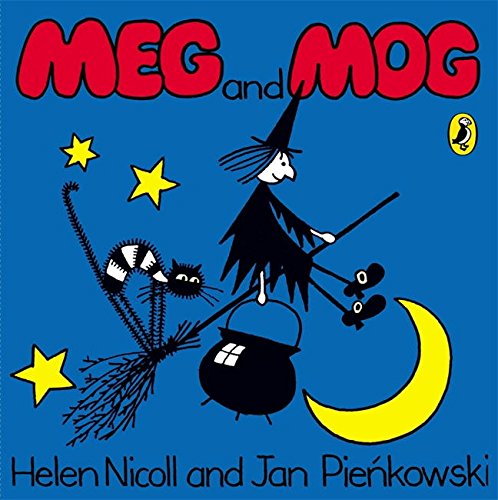 "Book cover featuring a witch and cat flying on a broomstick against a blue background."