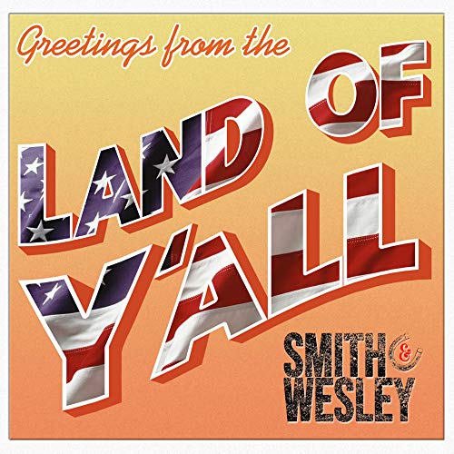 "Album cover with 'Land of Y'all' text in American flag pattern, orange gradient background."