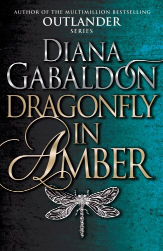"Book cover with 'Dragonfly in Amber' title, author's name, and a dragonfly illustration on a blue background."