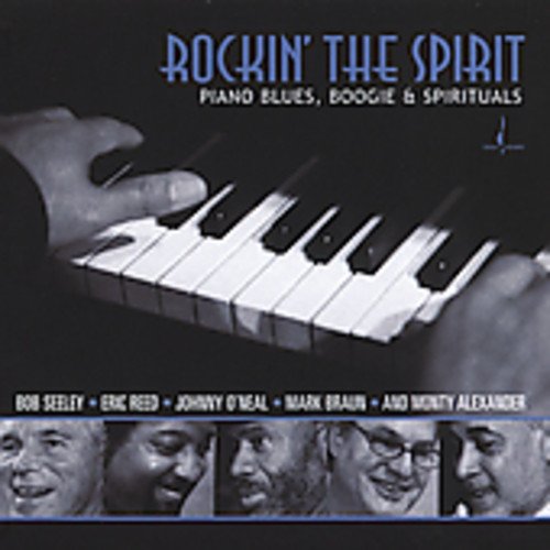 "CD cover with piano keys and five men's portraits, titled 'Rockin' the Spirit'."