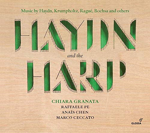 A CD cover with "HAYDN and the HARP" in green, stylized text on a beige background.
