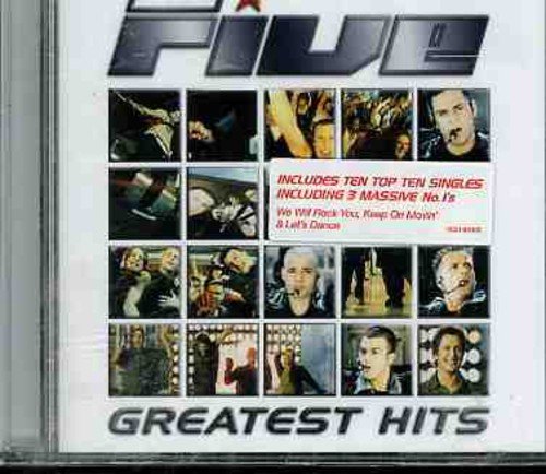 "CD case cover with collage of 16 images of the band 'Five'."