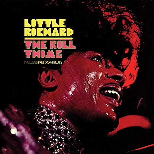 "Album cover featuring Little Richard singing, with bold, colorful text on a dark background."