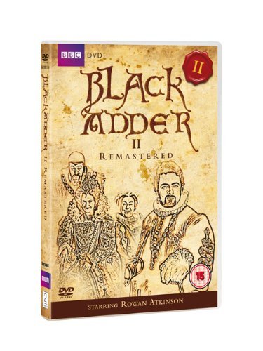DVD case for "Blackadder II" with sketch art of characters on a beige background.
