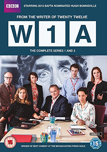 "DVD cover for 'W1A' series, featuring a group of people around a table."