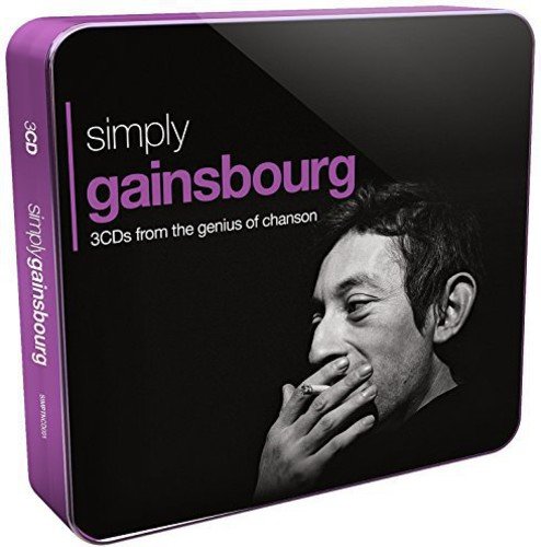 "CD cover with black and white photo of man smoking, text 'simply gainsbourg'."