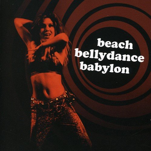 "CD cover with a belly dancer and red spiral pattern, text 'beach bellydance babylon'."