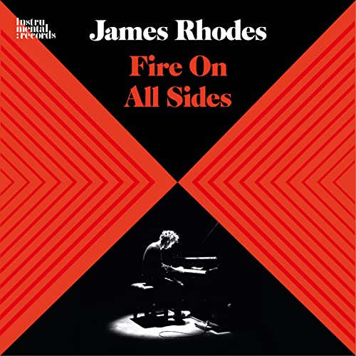 CD cover for James Rhodes’ “Fire On All Sides” with a pianist.