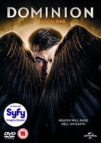 "Dominion Season 1 DVD cover featuring a man with large black angel wings."