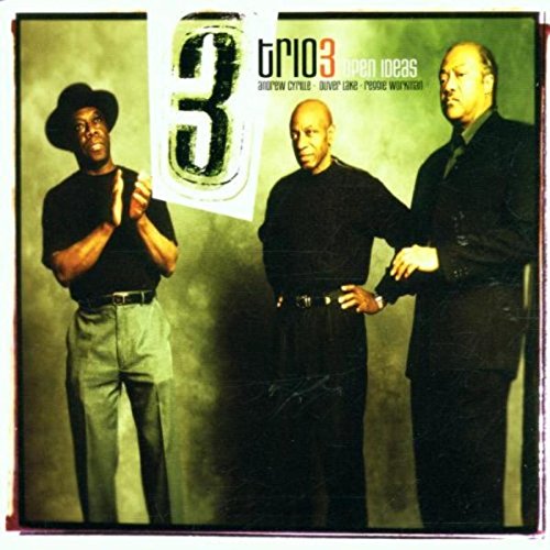 Album cover for "Trio 3 - Open Ideas" featuring three men standing against a green background.