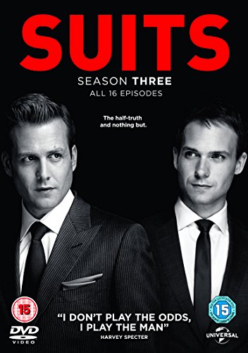 "Suits Season 3 DVD cover featuring two men in suits against a black background."