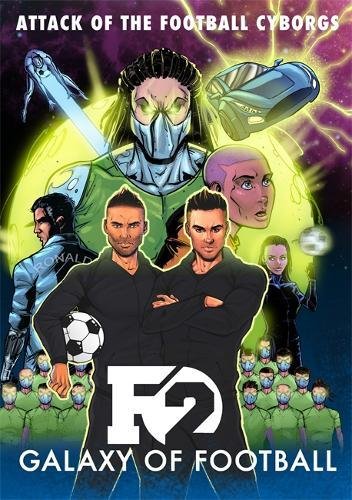 "Book cover featuring a cyborg and football players surrounded by robotic footballers."