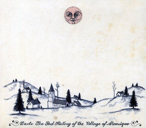 A CD cover featuring a whimsical illustration of a village and a stylized moon face.