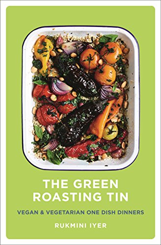 The image shows a cookbook cover with a roasted vegetable dish on a green background.