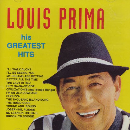 "Louis Prima album cover with man in hat against yellow background, listing song titles."