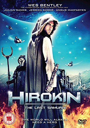 "Hooded man with sword on DVD cover with futuristic background and flames."