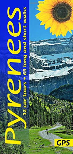 "Book cover with 'Pyrenees' title, mountain landscape, and yellow sunflower against blue background."