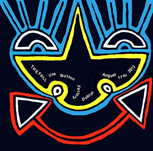 "Album cover with abstract face design, text 'The Fall live' on dark background."