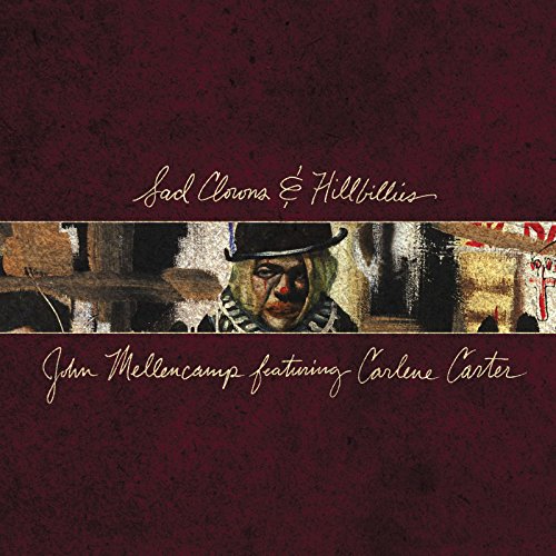 "Album cover with a clown's face on a dark red background, featuring cursive text."