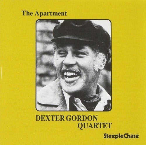 Dexter Gordon's album cover featuring a black-and-white photo of him on a yellow background.