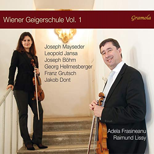 CD cover with a man and woman holding violins on a staircase.