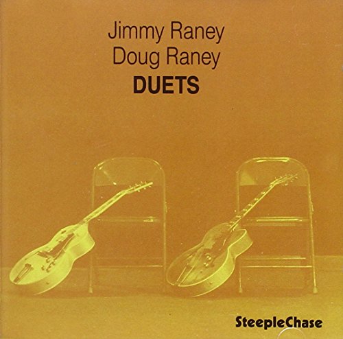 "CD cover with two guitars on chairs, orange background, 'Jimmy Raney Doug Raney DUETS' text."