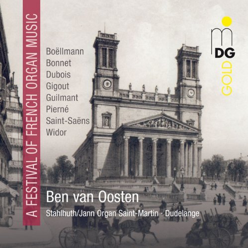 "CD cover featuring a black-and-white image of a large church with horse-drawn carriages."