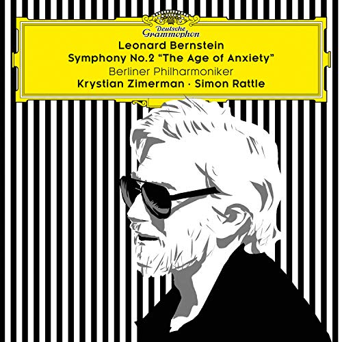 "Album cover with black and white striped background, featuring a stylized portrait of Leonard Bernstein."