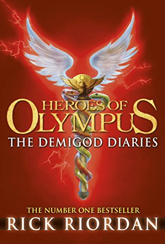 "Book cover with caduceus, wings, and lightning on red background, titled Heroes of Olympus."