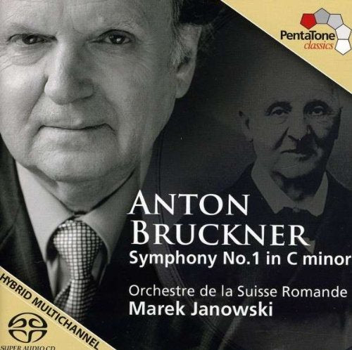 CD cover with black-and-white portrait of Anton Bruckner, text, and PentaTone logo.