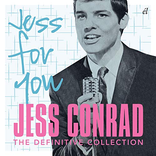 "CD cover with Jess Conrad holding a microphone, black and white with pink and blue text."