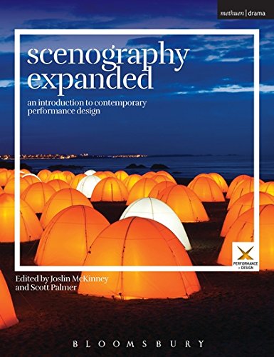 "Book cover with glowing tents on a beach at dusk, titled 'Scenography Expanded'."